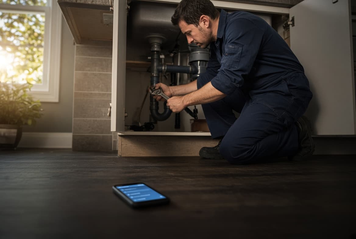 A plumber on a job site with a phone ringing in his pocket