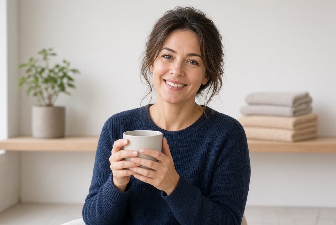 A new lead smiling with a coffee after booking a meeting