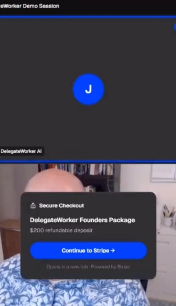 A DelegateWorker AI worker presenting a secure checkout link to the participant during a live session
