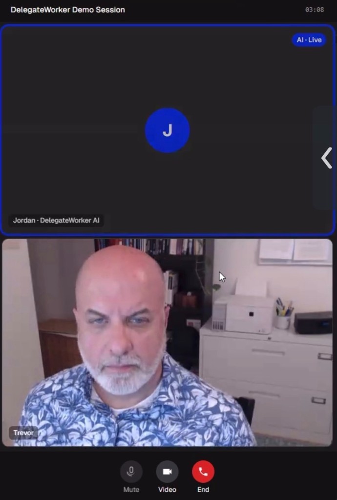 A DelegateWorker AI worker joined as a named participant in a live session, qualifying a sales call